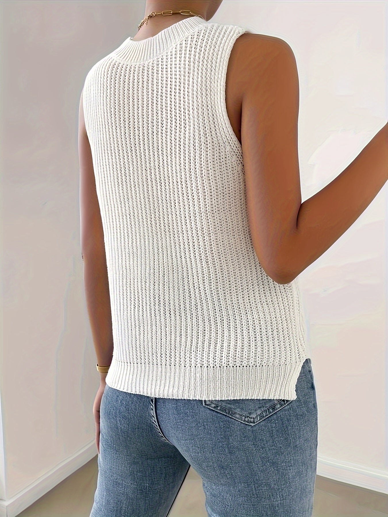 Antmvs Simple Crew Neck Sweater Vest, Elegant Sleeveless Split Vest, Women's Clothing