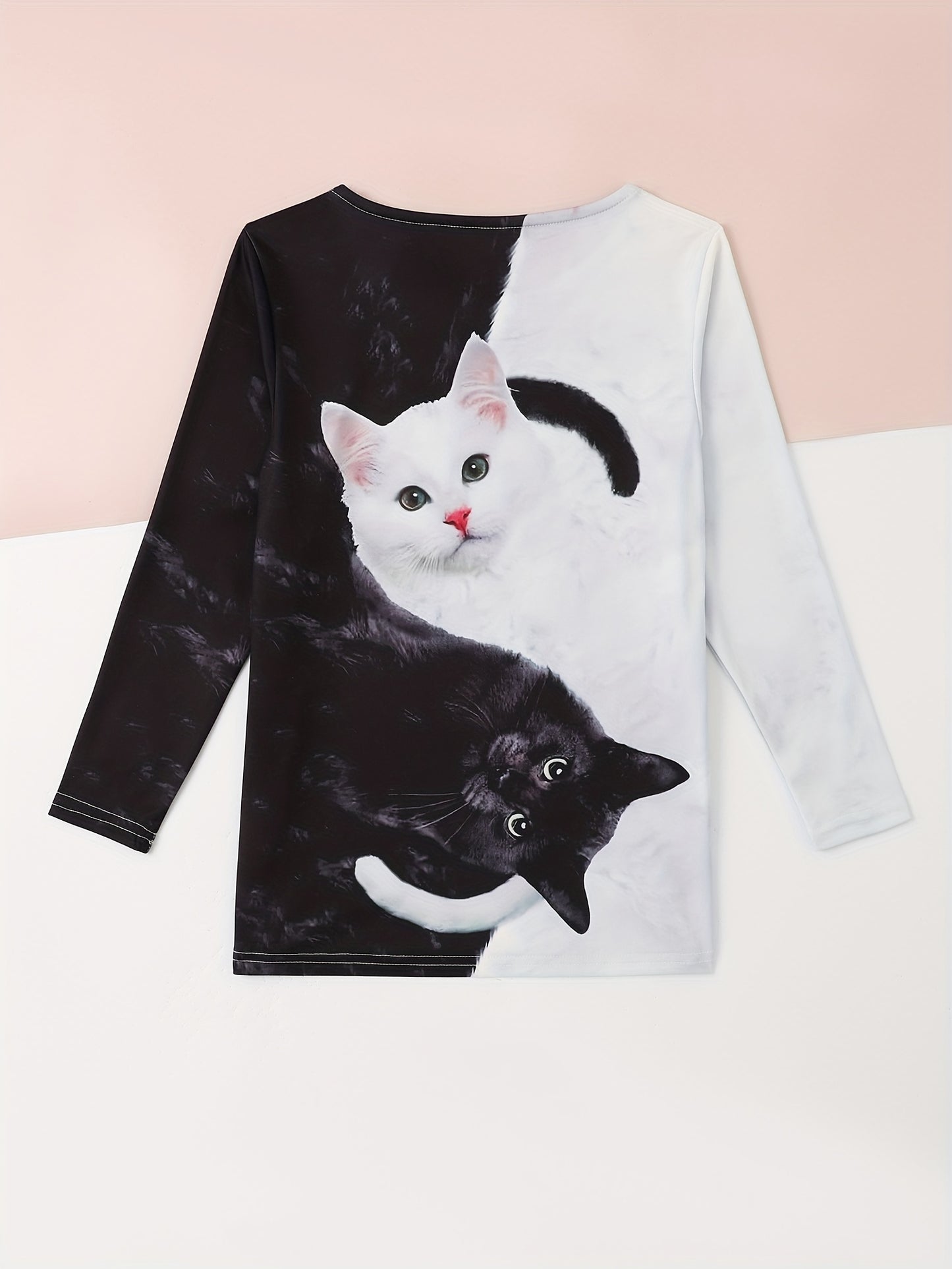 Vibrant Kitty & Reindeer Graphic Long Sleeve T-Shirt for Girls - Soft, Breathable, and Comfortable Fabric - Perfect for Spring, Fall, and Christmas Gift Ideas