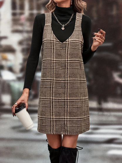 Antmvs Houndstooth Print Sleeveless Tank Dress, Stylish V Neck Dress For Fall & Winter, Women's Clothing