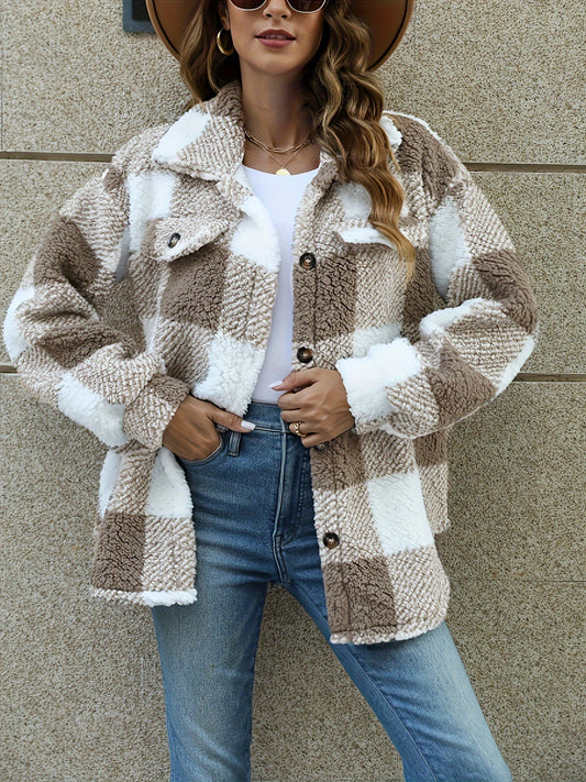 Antmvs Plaid Pattern Teddy Coat, Casual Button Front Long Sleeve Winter Outerwear, Women's Clothing