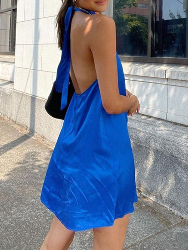 Antmvs Tied Solid Color Backless Sleeveless Loose Halter-Neck Mini Dresses