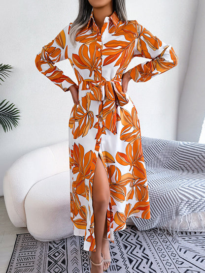 Antmvs Tied Waist Split-Joint Printed Loose Long Sleeves Lapel Shirt Dress