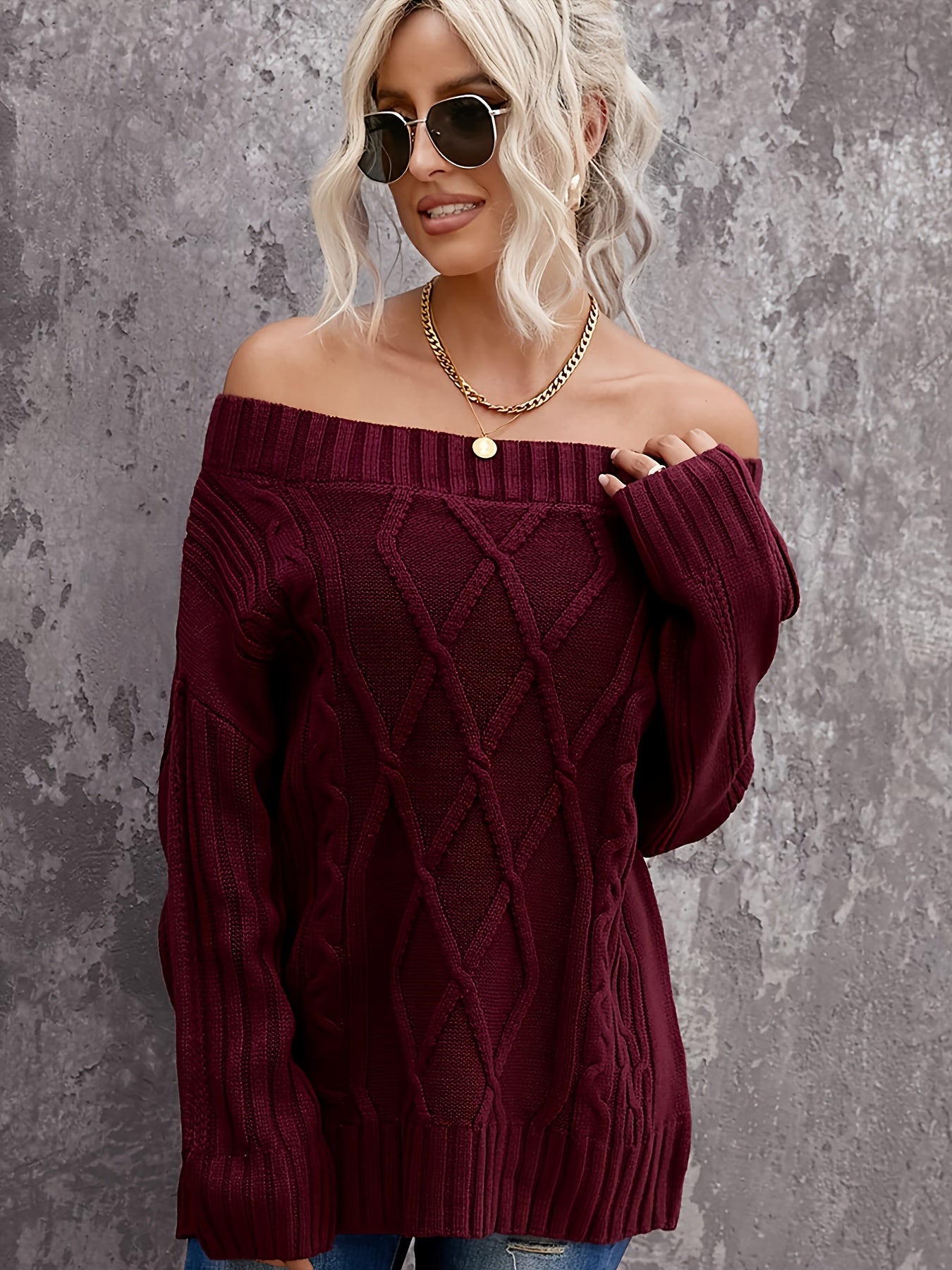 Antmvs Sexy Off Shoulder Sweater, Casual Solid Long Sleeve Loose Fall Winter Knit Sweater, Women's Clothing