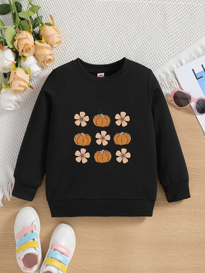 Vibrant Floral and Pumpkin Graphic Toddler Crew Neck Sweatshirt - Soft, Casual, and Comfy Holiday Party Top for Little Girls - Perfect Gift for Kids' Special Occasions