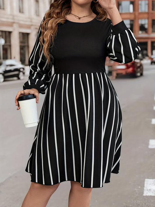 Antmvs Plus Size Casual Dress, Women's Plus Colorblock Stripe Print Long Sleeve Round Neck Slight Stretch A-line Dress