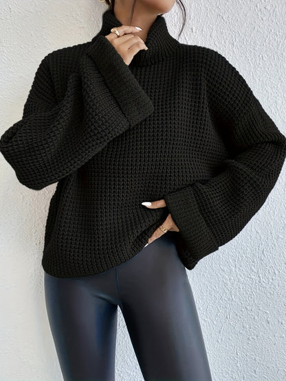 Antmvs Solid Waffle Knit Sweater, Casual Turtleneck Long Sleeve Sweater, Women's Clothing