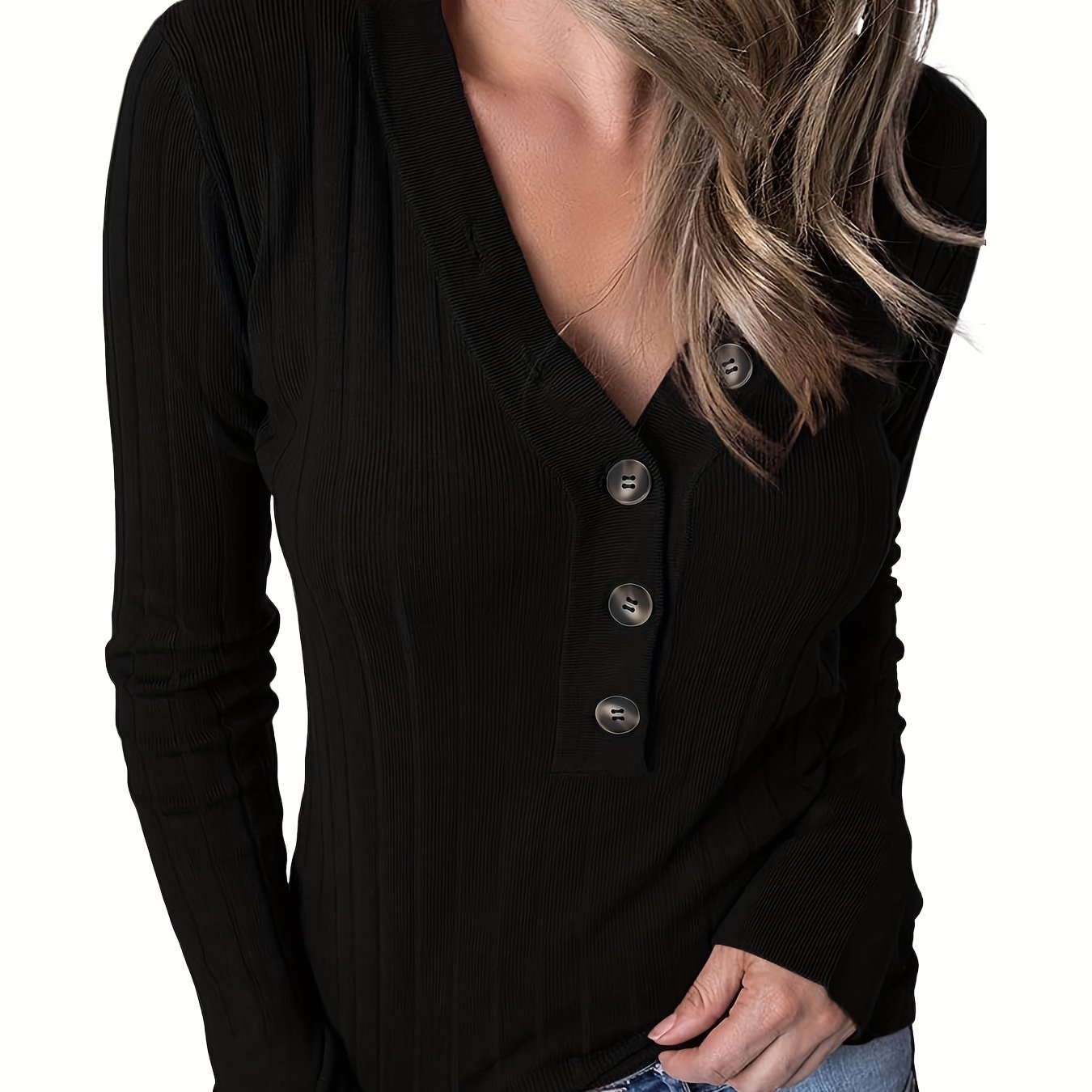 Antmvs Solid Rib Knit Sweater, Casual V Neck Button Front Sweater, Women's Clothing