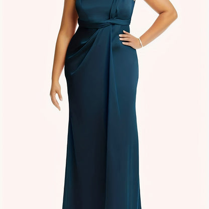 Antmvs Plus Size Elegant Bridesmaid Dress, Women's Plus Solid Twist Front One Shoulder Slim Fit Maxi Evening Formal Dress