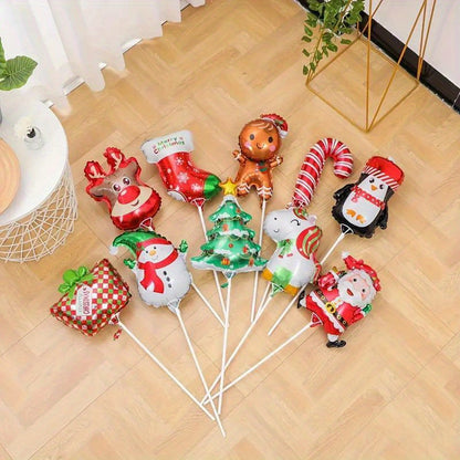 10pcs Mini Christmas Balloons with Assorted Designs - Perfect for Holiday Parties, New Year's Celebrations & More - Includes Support Rods, Best for Christmas