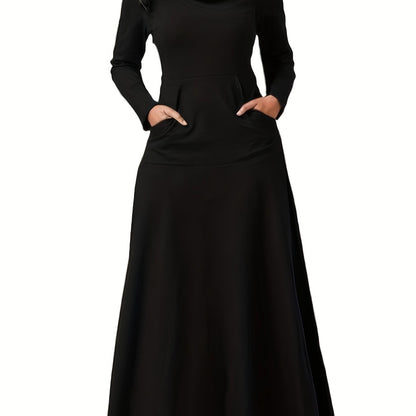 Antmvs Pile Collar Pocket Front Dress, Elegant Long Sleeve Maxi Dress, Women's Clothing