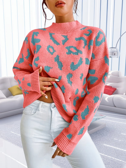 Antmvs Graphic Pattern Mock Neck Pullover Sweater, Casual Long Sleeve Sweater, Women's Clothing