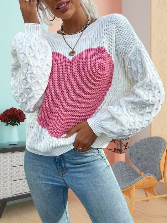 Antmvs Heart Pattern Crew Neck Pullover Sweater, Casual Long Sleeve Sweater For Fall & Winter, Women's Clothing