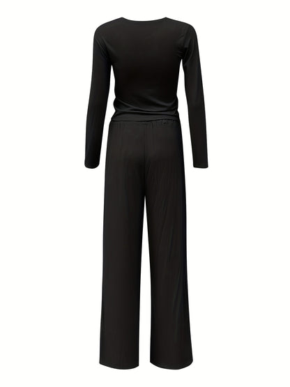 Antmvs Solid Casual Two-piece Set, Crew Neck Long Sleeve Tops & High Waist Wide Leg Pants Outfits, Women's Clothing
