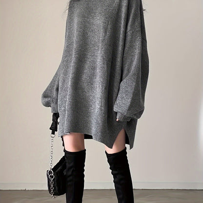 Antmvs Solid Turtle Neck Oversized Sweater, Casual Long Sleeve Split Sweater, Women's Clothing