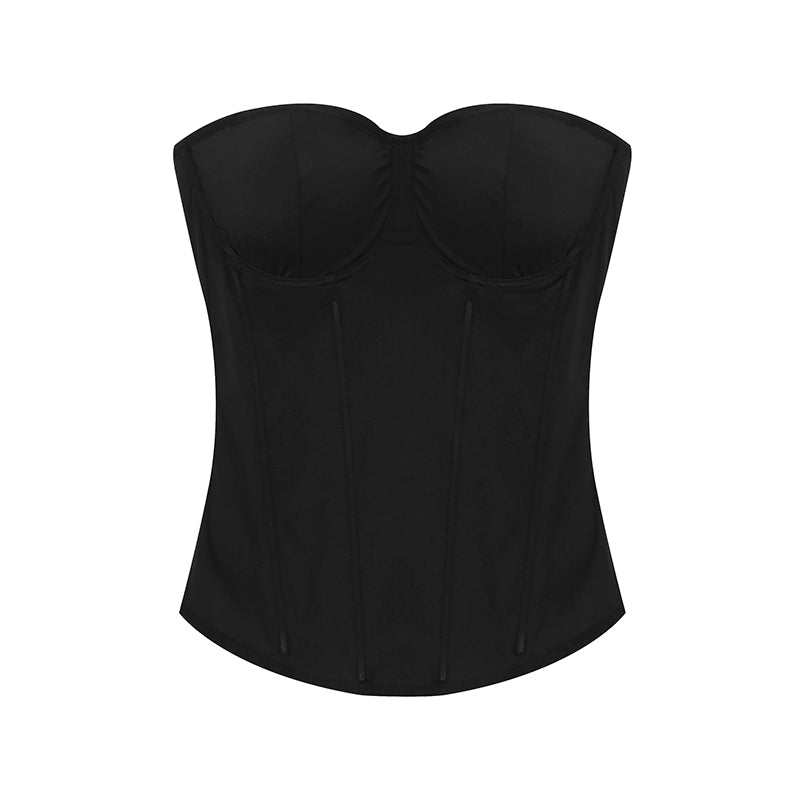 Antmvs Zerocircle Solid Color Black Pink Sleeveless Bandeau Fishbone Corset Slim Top