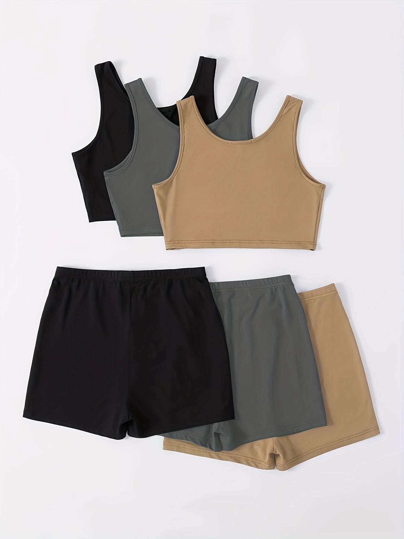 Antmvs 3sets Two-Piece Lounge Outfits, 3 Crop Tank Top + 3 Shorts, Matching Loungewear Sets, Women's Clothing