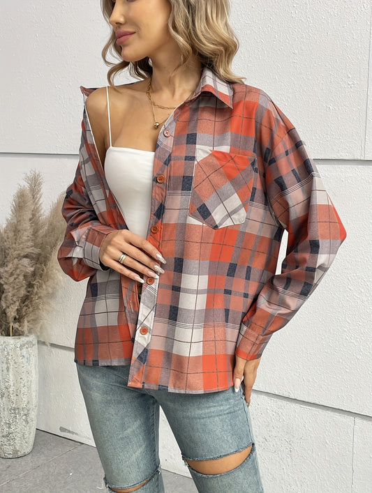 Antmvs Plaid Print Polo Collar Button Shirt, Casual Long Sleeve Shirt For Spring & Fall, Women's Clothing