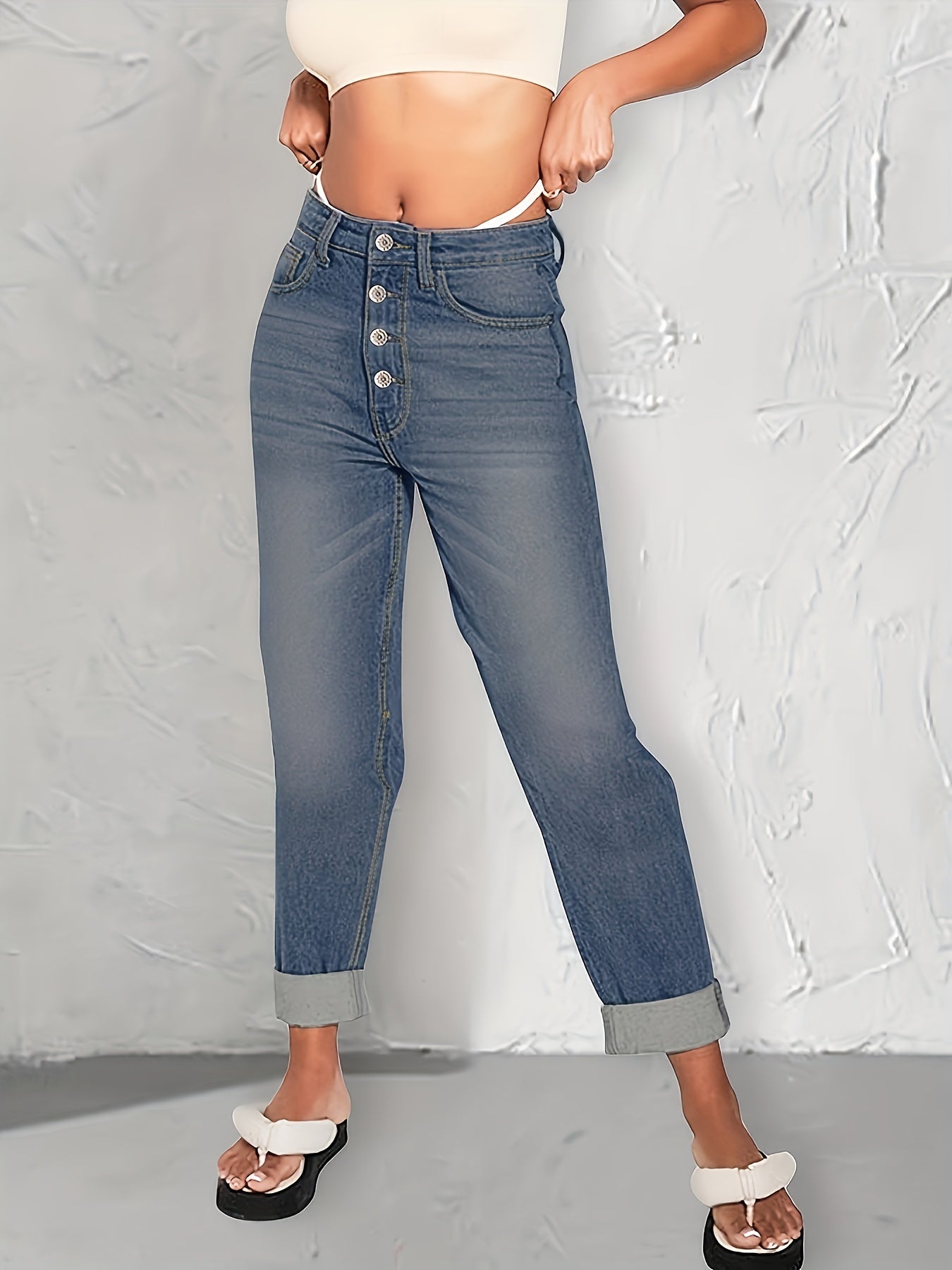 Antmvs Blue Loose Fit Straight Jeans, Single-Breated Button Slash Pockets Versatile Denim Pants, Women's Denim Jeans & Clothing