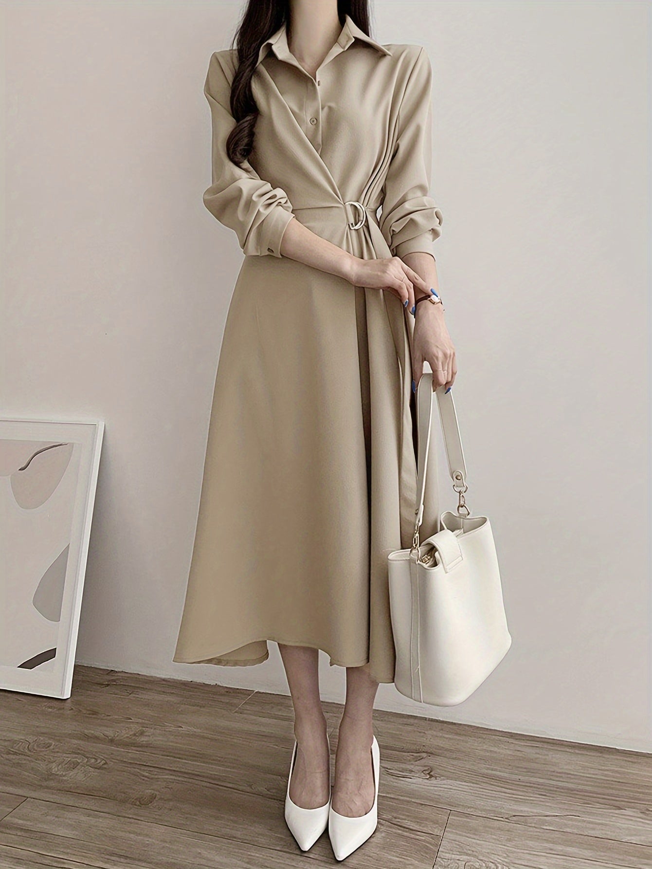 Antmvs A-line Button Front Dress, Elegant Long Sleeve Dress For Spring & Fall, Women's Clothing