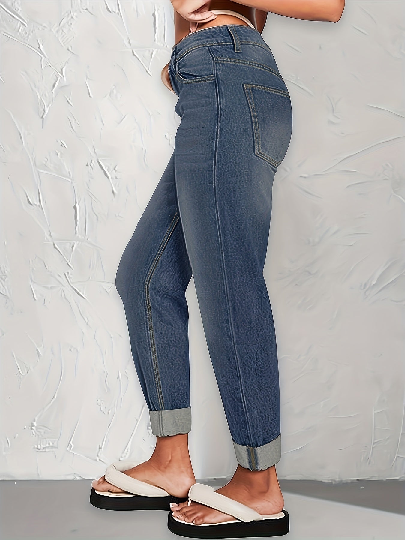 Antmvs Blue Loose Fit Straight Jeans, Single-Breated Button Slash Pockets Versatile Denim Pants, Women's Denim Jeans & Clothing