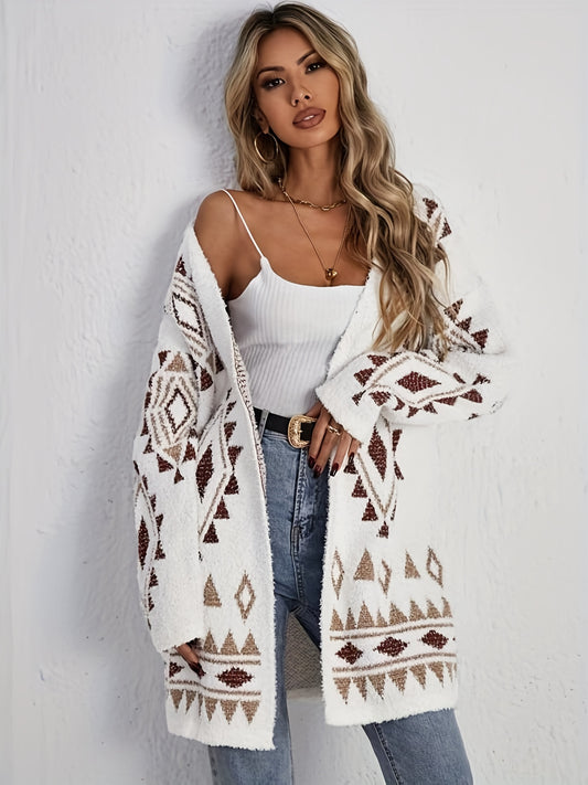 Antmvs Geometric Pattern Open Front Cardigan, Casual Long Sleeve Mid Length Cardigan, Women's Clothing