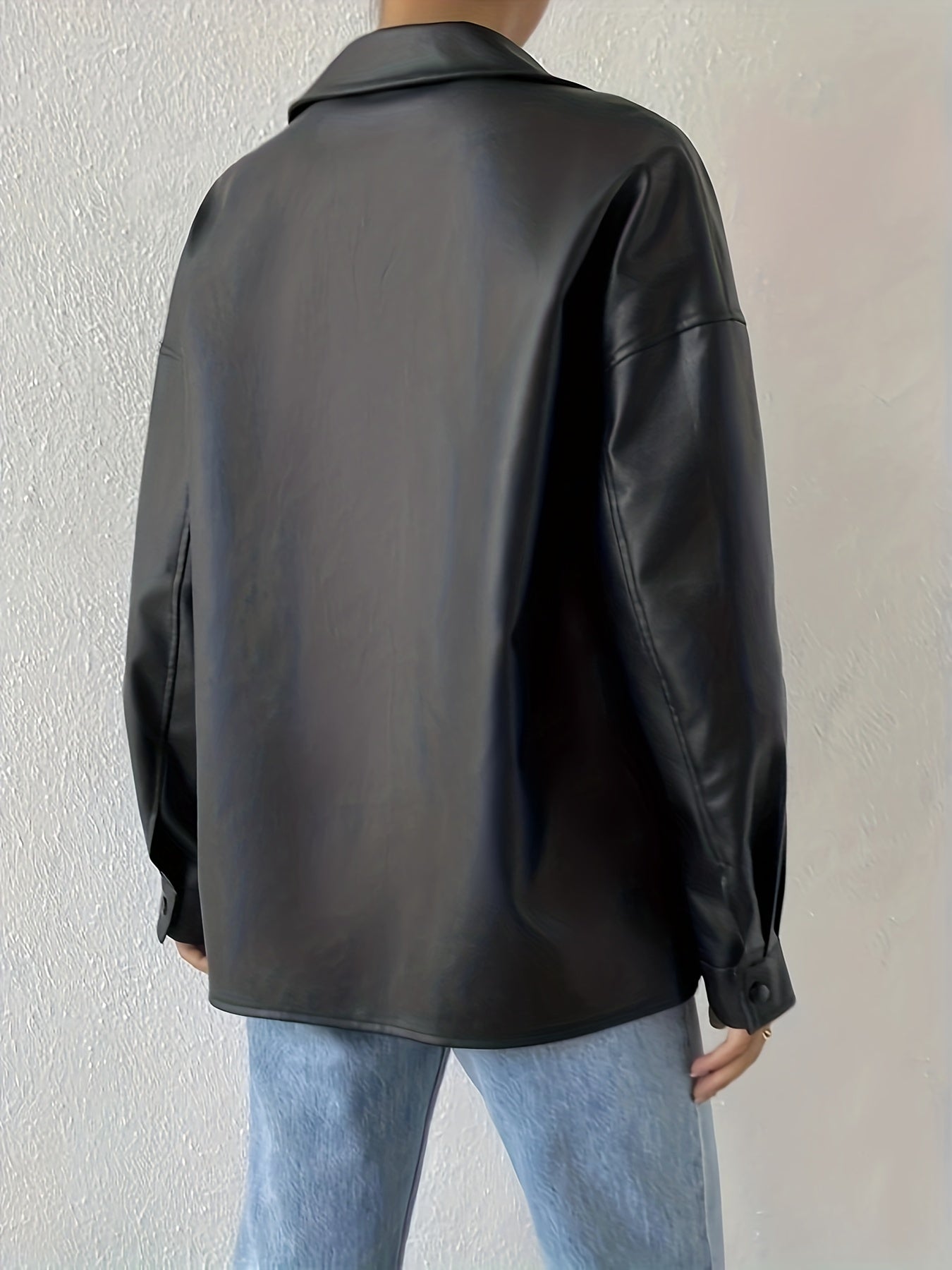 Antmvs Faux Leather Flap Pockets Jacket, Vintage Long Sleeve Drop Shoulder Solid Outwear , Women's Clothing