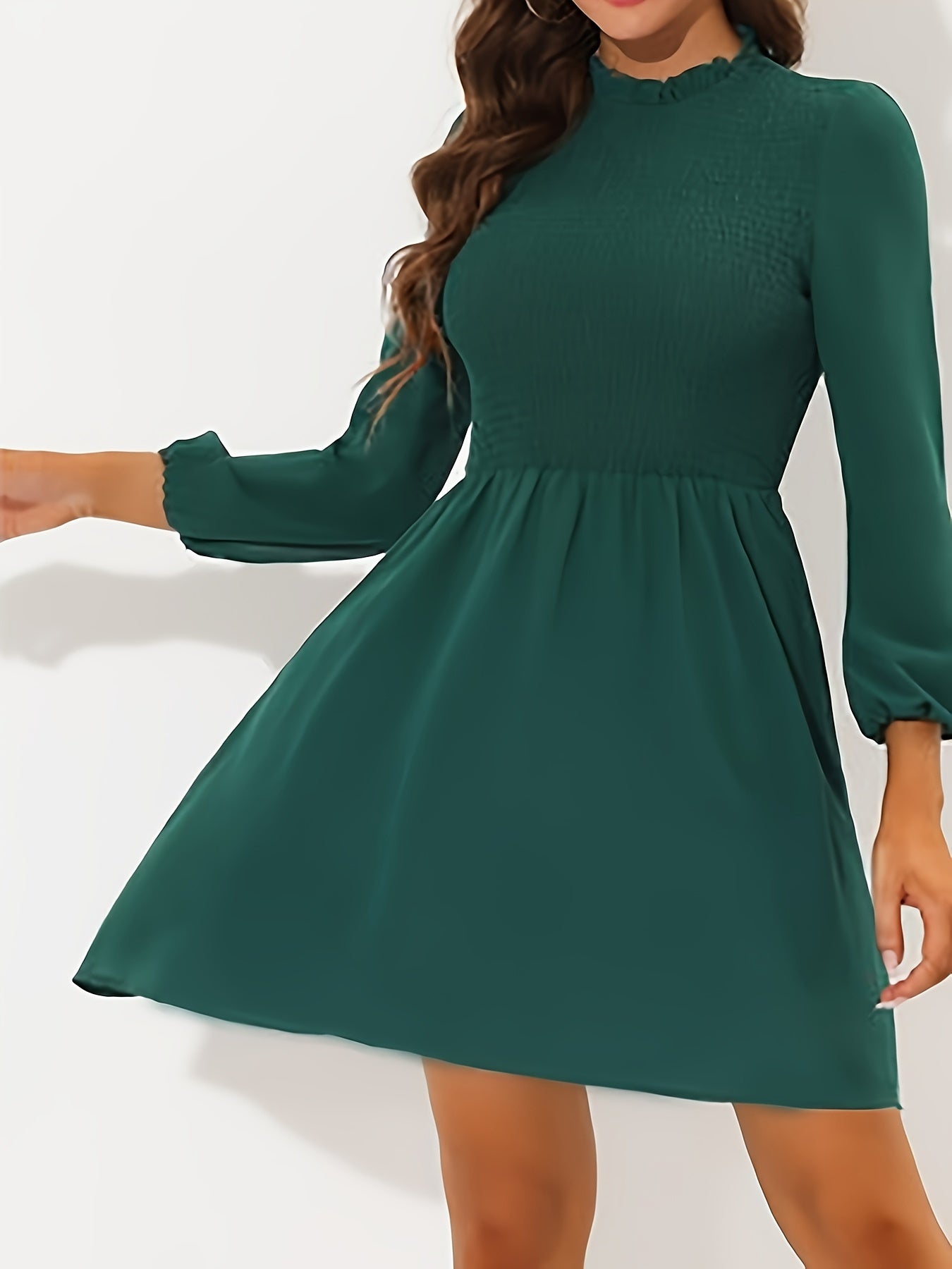 Antmvs Solid A-line Lantern Sleeve Dress, Casual Ruffle Trim Round Neck Dress For Spring & Fall, Women's Clothing