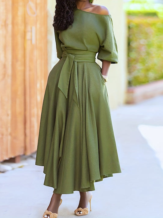 Antmvs Plus Size Casual Dress, Women's Plus Solid Bubble Sleeve One Shoulder Maxi A-line Dress With Belt