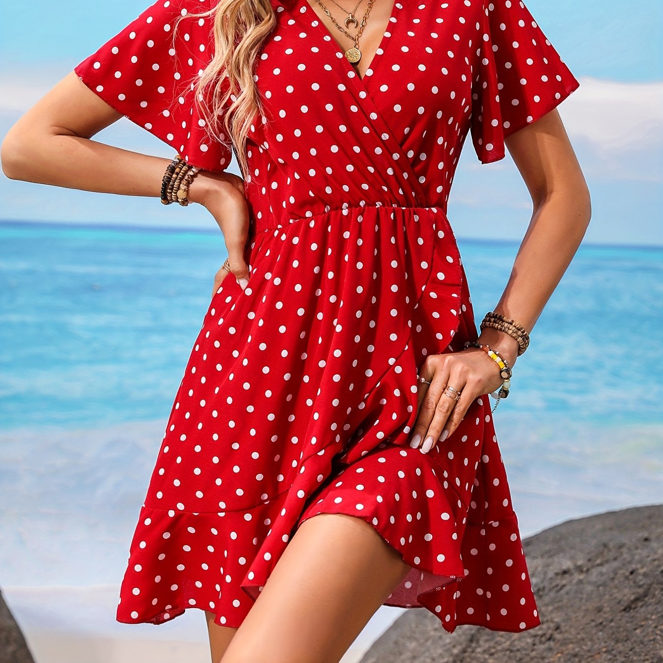 Antmvs Polka Dot Ruffle Hem Dress, Casual V Neck Short Sleeve Dress, Women's Clothing