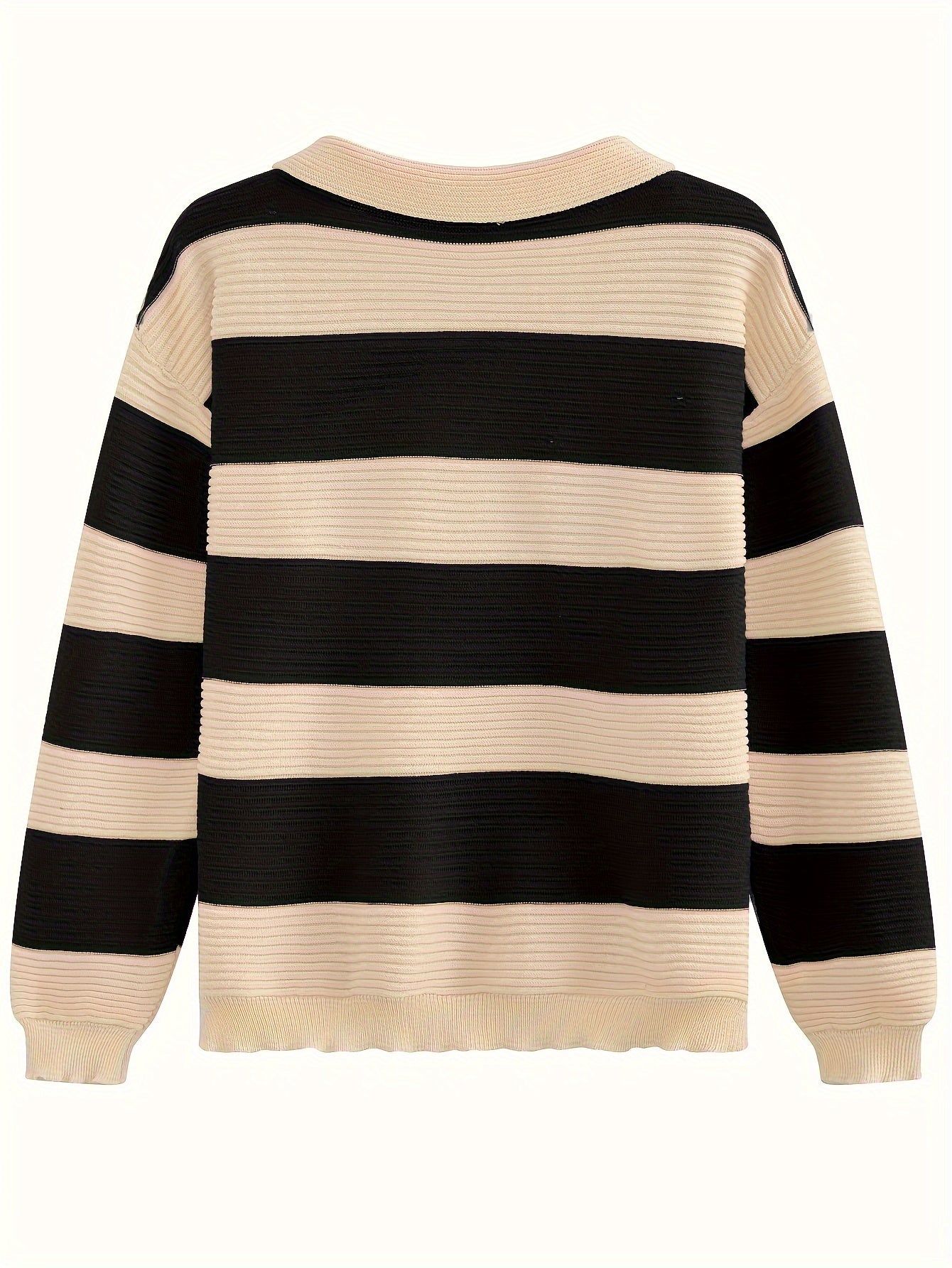 Antmvs Striped Tie Neck Pullover Sweater, Casual Long Sleeve Drop Shoulder Sweater, Women's Clothing