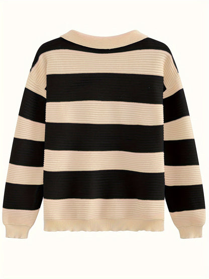 Antmvs Striped Tie Neck Pullover Sweater, Casual Long Sleeve Drop Shoulder Sweater, Women's Clothing