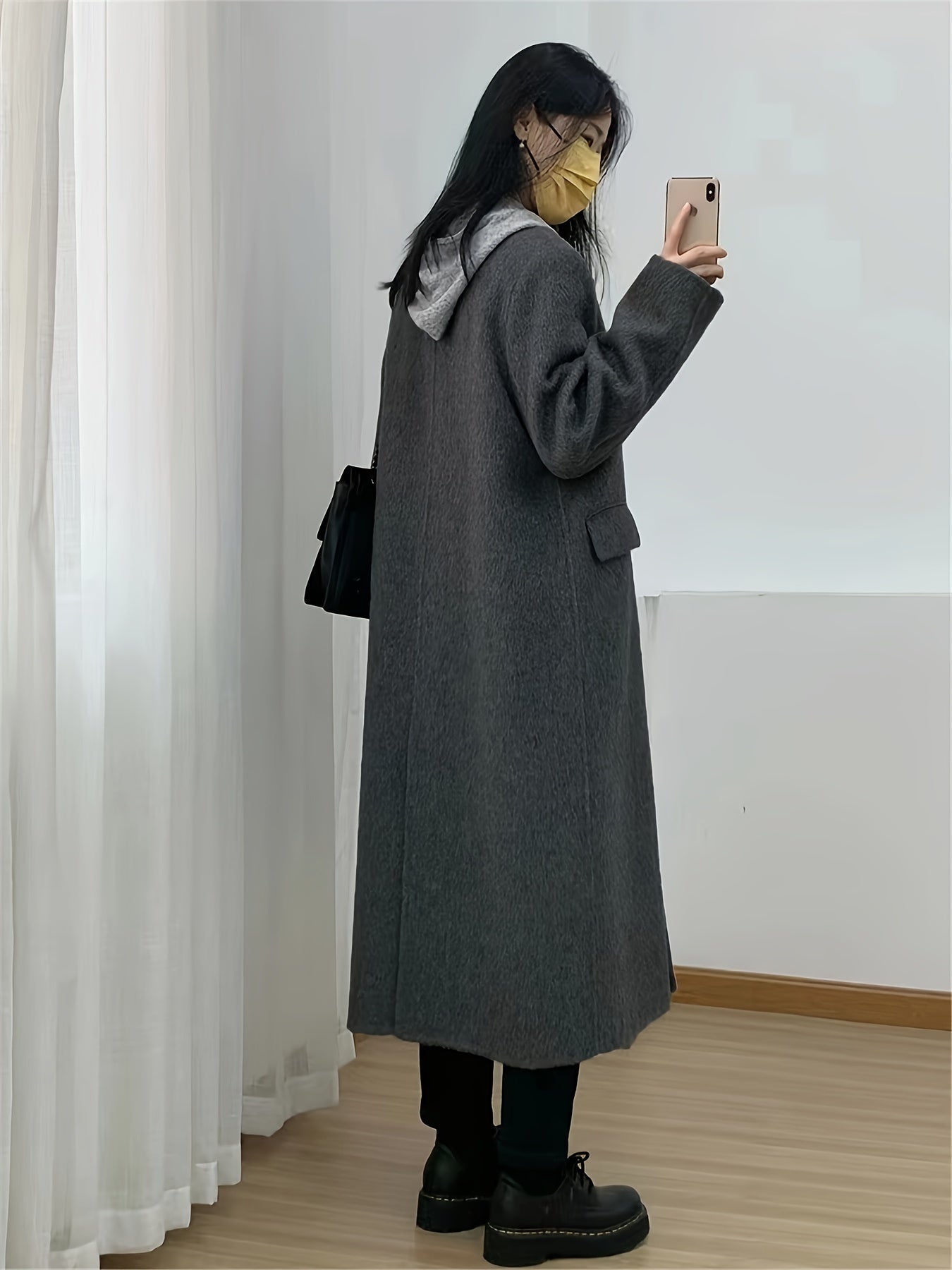 Antmvs Notched Collar Double-breasted Coat, Casual Long Sleeve Midi Overcoat For Fall & Winter, Women's Clothing