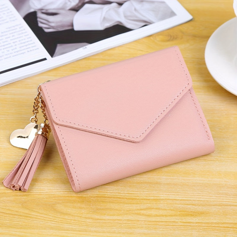 Women's Hand Bag With Heat And Tassel Accessories, Trendy Short Trifold Wallet, Short Coin Purse