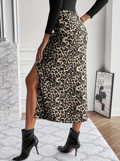 Antmvs Leopard Print Split Hem Skirt, Casual High Waist Skirt, Women's Clothing