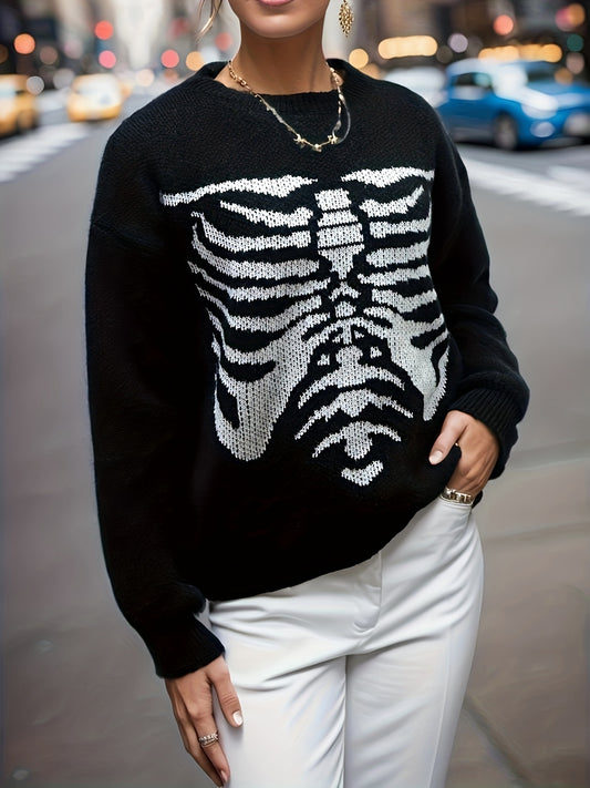 Antmvs Skeleton Pattern Drop Shoulder Sweater, Casual Long Sleeve Crew Neck Sweater For Fall & Winter, Women's Clothing