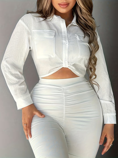 Antmvs Solid Button Front Shirt, Elegant Long Sleeve Crop Shirt, Women's Clothing