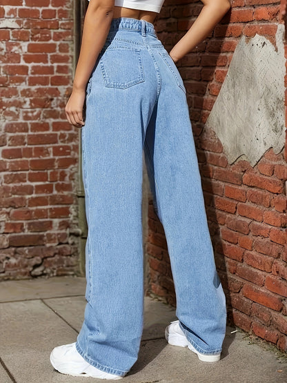 Antmvs Blue Loose Fit Straight Jeans, Non-Stretch Slant Pockets Washed Denim Pants, Women's Denim Jeans & Clothing