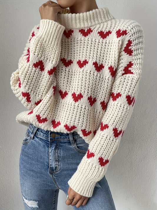 Antmvs Heart Pattern Turtle Neck Pullover Sweater, Casual Long Sleeve Sweater For Fall & Winter, Women's Clothing