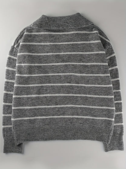 Antmvs Striped V Neck Pullover Sweater, Elegant Long Sleeve Drop Shoulder Sweater, Women's Clothing