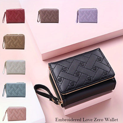 1PC Heart Embroidered Faux Leather Wallet, Women's Small Cute Wallet With Multi Card Slots