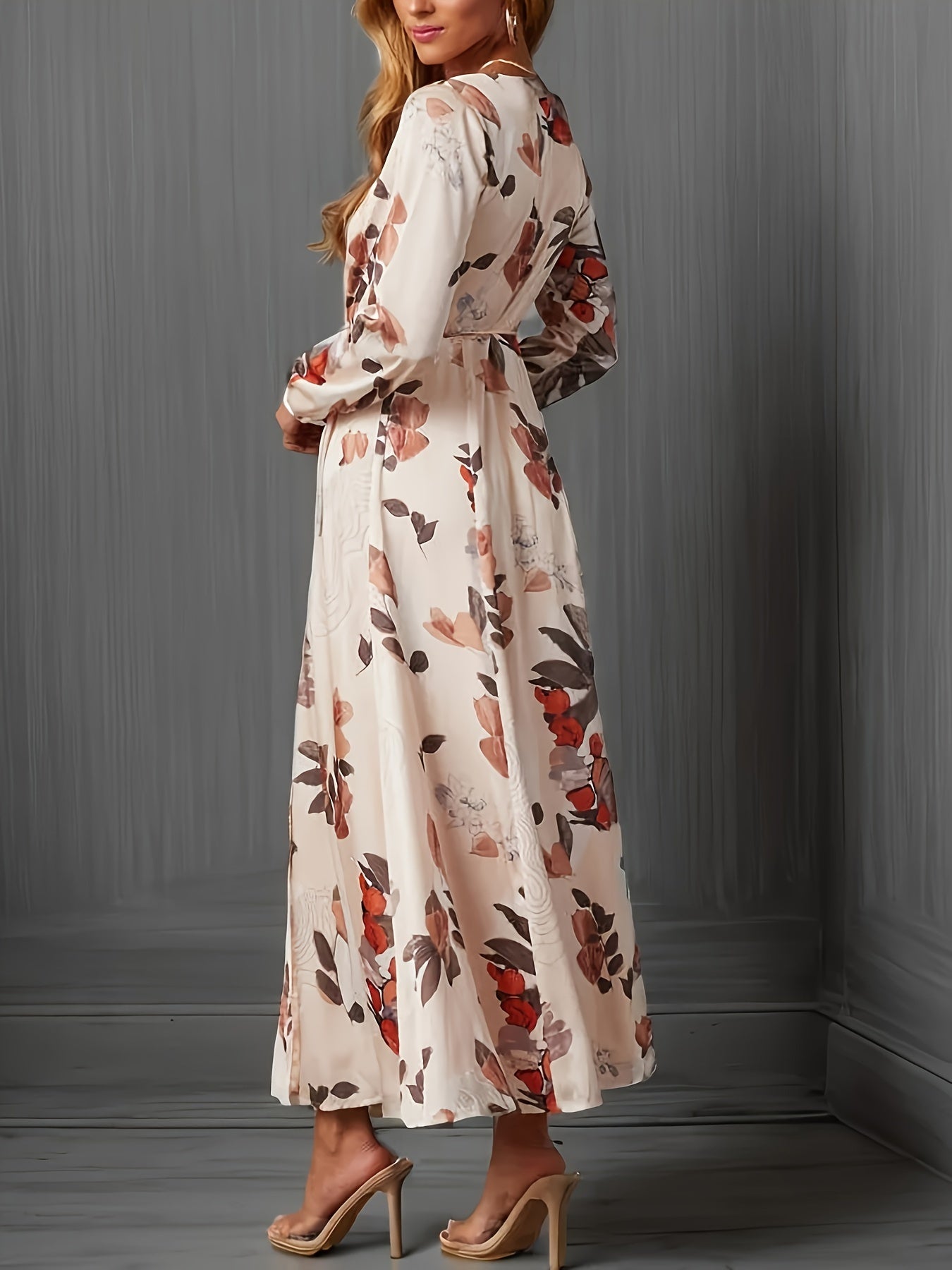 Antmvs Floral Print Maxi Dress, Elegant Surplice Neck Long Sleeve Dress, Women's Clothing