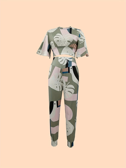Antmvs Leaf Print Casual Two-piece Set, Bell Sleeve Crop Top & High Waist Slim Pants Outfits, Women's Clothing