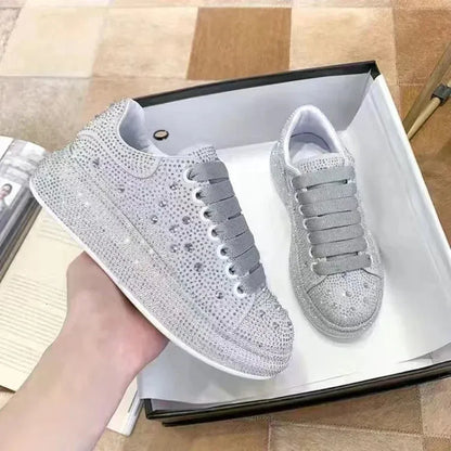 Autumn Women Platform Shoes rhinestones Thicksoled White Silver Shining Crystal Sneakers Trend Casual 240607