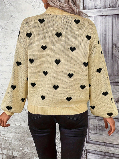 Antmvs Plus Size Casual Sweater, Women's Plus Heart Print Long Sleeve Round Neck Medium Stretch Jumper