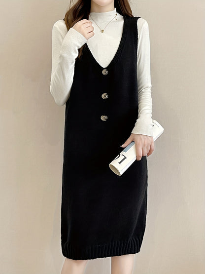 Antmvs Plunging Solid Midi Dress, Elegant Sleeveless Knitted Dress With Buttons, Women's Clothing