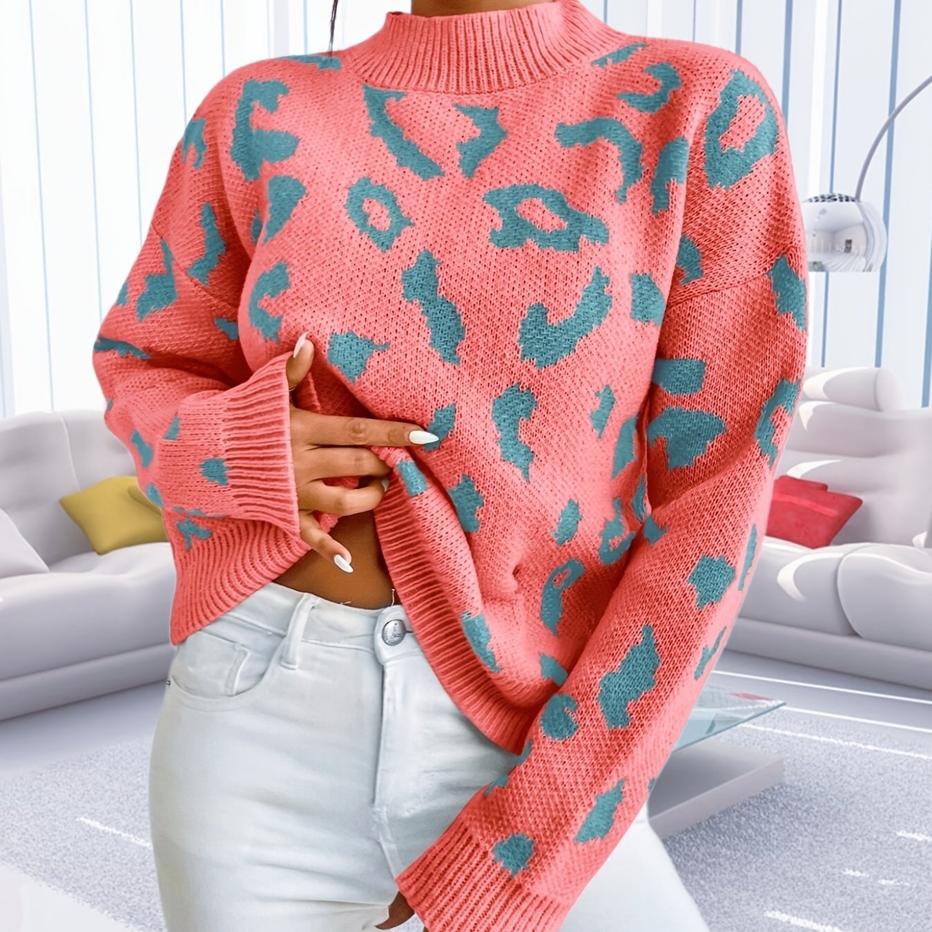 Antmvs Graphic Pattern Mock Neck Pullover Sweater, Casual Long Sleeve Sweater, Women's Clothing