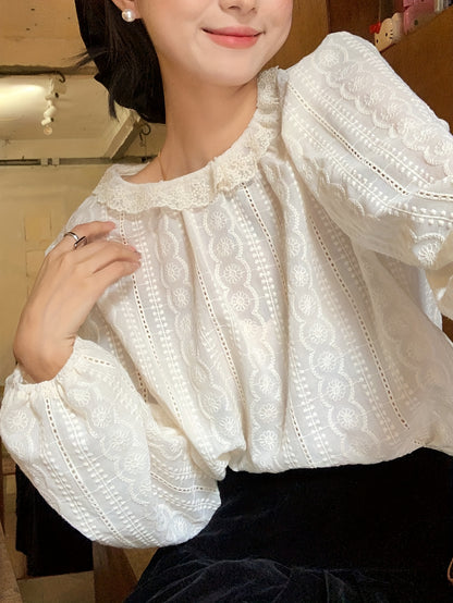 Antmvs Contrast Lace Solid Blouse, Casual Crew Neck Lantern Sleeve Blouse, Women's Clothing