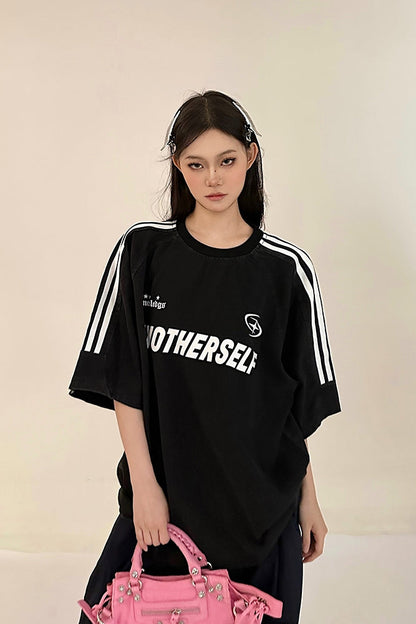 Antmvs ANOTHERSELF Graphic Letter Print Solid Color Loose Short Stripe Sleeve Tee Shirt Top