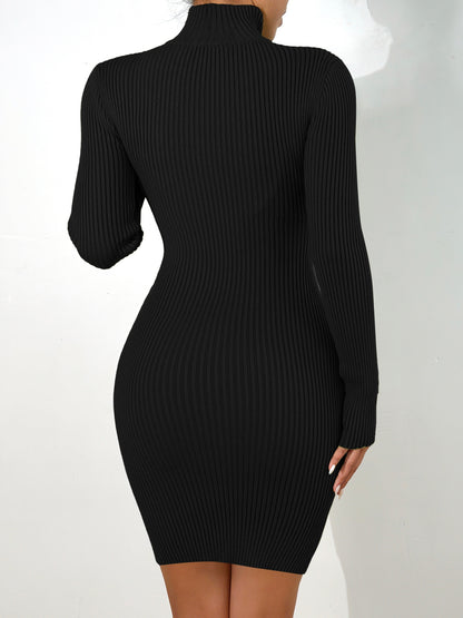 Antmvs Solid Rib Knit Sweater Dress, Sexy High Neck Zipper Cut Out Slim Dress, Women's Clothing