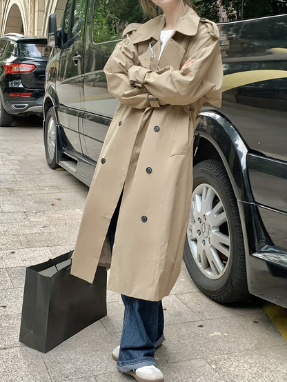 Antmvs Double Breasted Long Length Trench Coat, Casual Solid Long Sleeve Outerwear, Women's Clothing